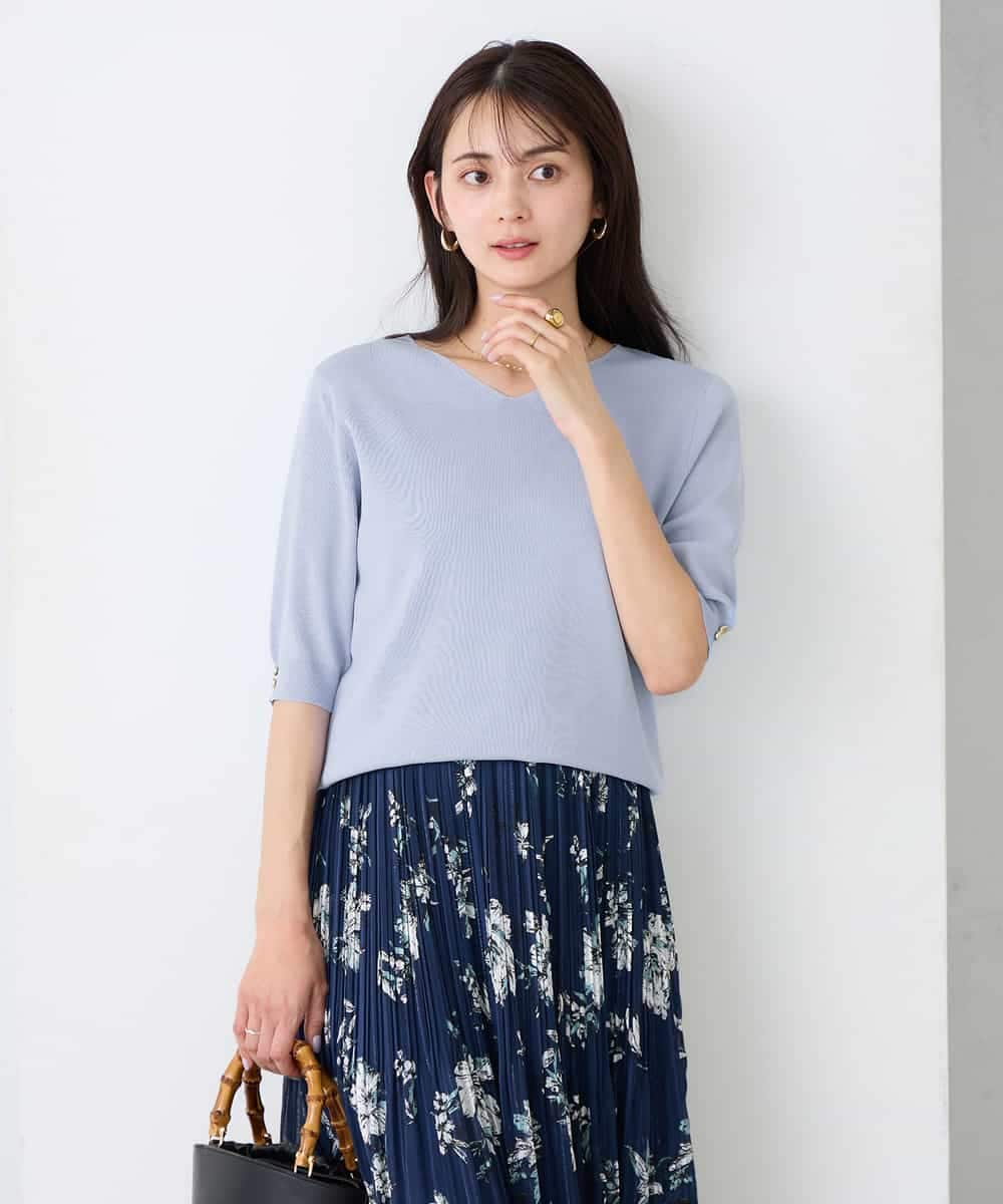 K2FGD79039 a.v.v(アー・ヴェ・ヴェ) ハーフスリーブVネックサマーニット【WEB限定/洗える/接触冷感/UVカット】 ブラック