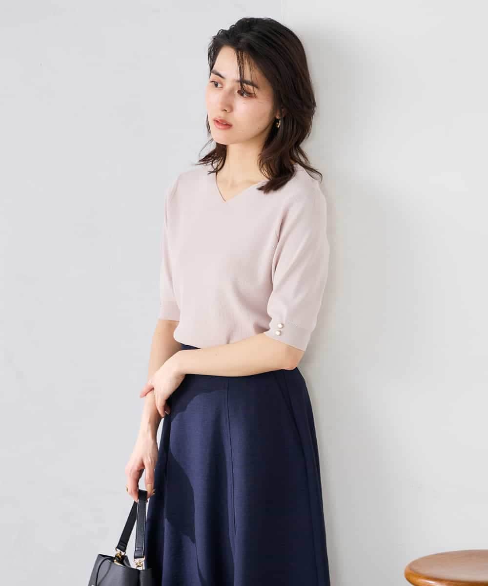 K2FGD79039 a.v.v(アー・ヴェ・ヴェ) ハーフスリーブVネックサマーニット【WEB限定/洗える/接触冷感/UVカット】 ブラック