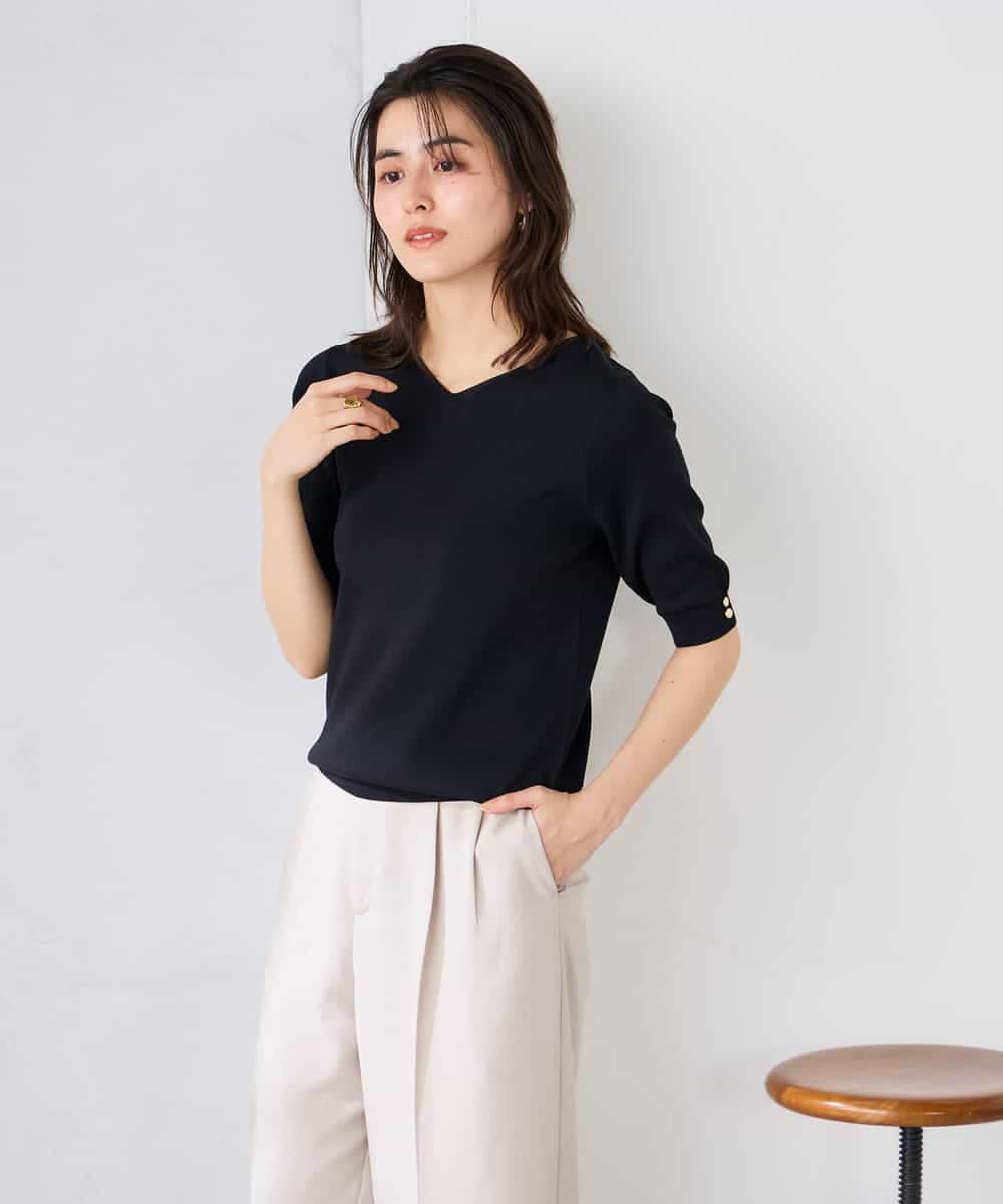 K2FGD79039 a.v.v(アー・ヴェ・ヴェ) ハーフスリーブVネックサマーニット【WEB限定/洗える/接触冷感/UVカット】 ブラック