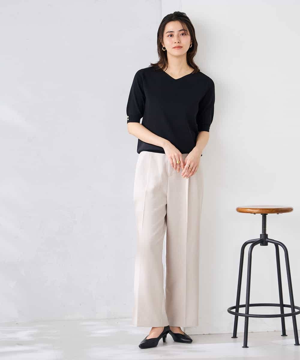 K2FGD79039 a.v.v(アー・ヴェ・ヴェ) ハーフスリーブVネックサマーニット【WEB限定/洗える/接触冷感/UVカット】 ブラック