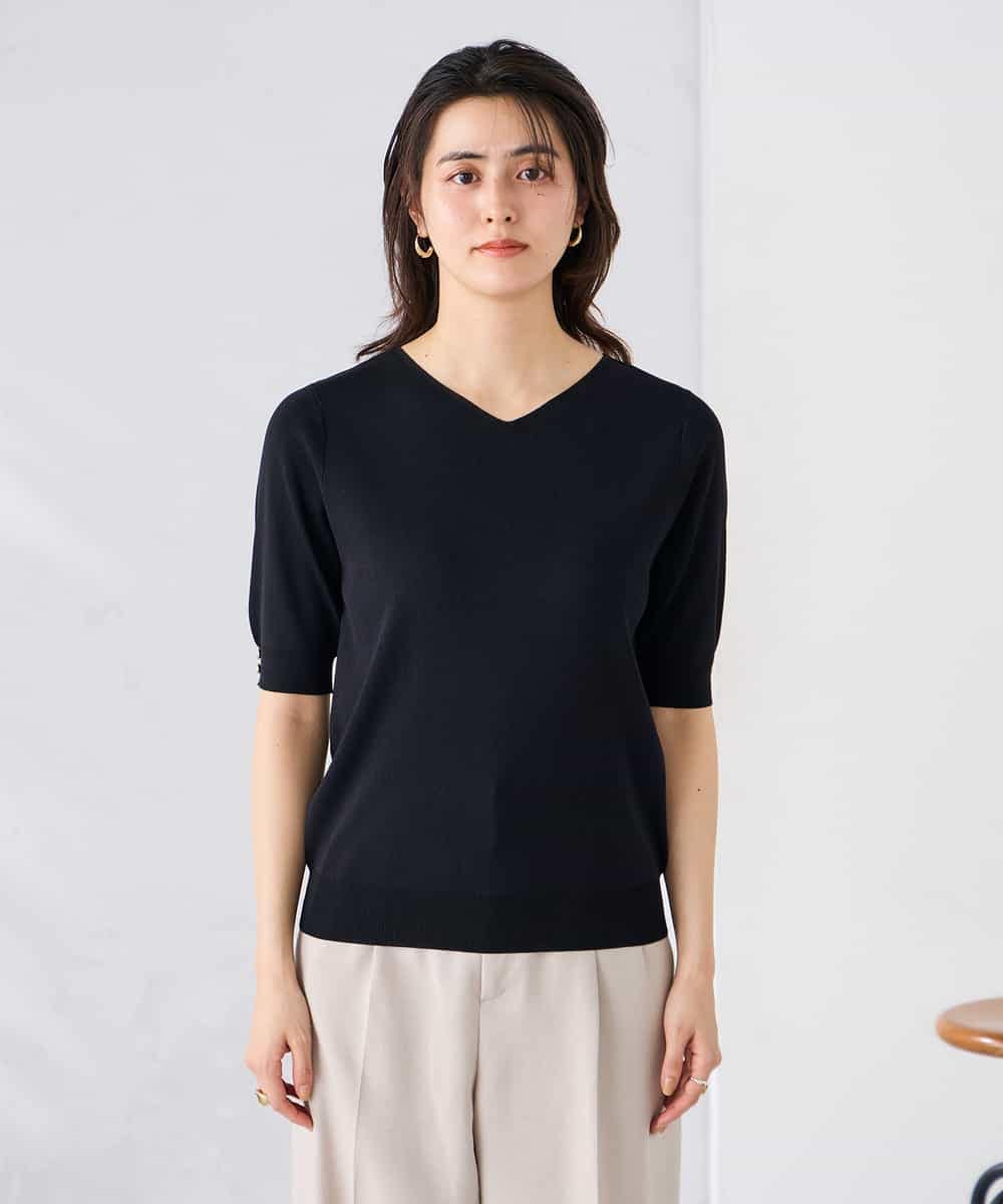 K2FGD79039 a.v.v(アー・ヴェ・ヴェ) ハーフスリーブVネックサマーニット【WEB限定/洗える/接触冷感/UVカット】 ブラック