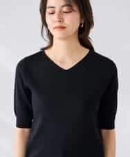 K2FGD79039 a.v.v(アー・ヴェ・ヴェ) ハーフスリーブVネックサマーニット【WEB限定/洗える/接触冷感/UVカット】 ブラック