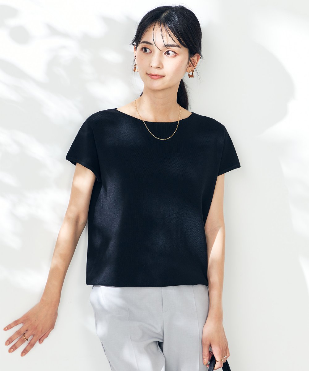 K2FHA30039 a.v.v(アー・ヴェ・ヴェ) 【接触冷感/UVカット】フレンチスリーブ美ラクるサマーニット ブルー