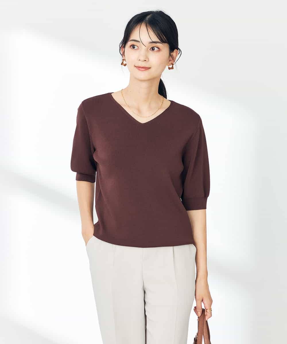 K2FHA79039 a.v.v(アー・ヴェ・ヴェ) 【接触冷感/UVカット】Vネックパフスリーブ美ラクるサマーニット【WEB限定】 ネイビー