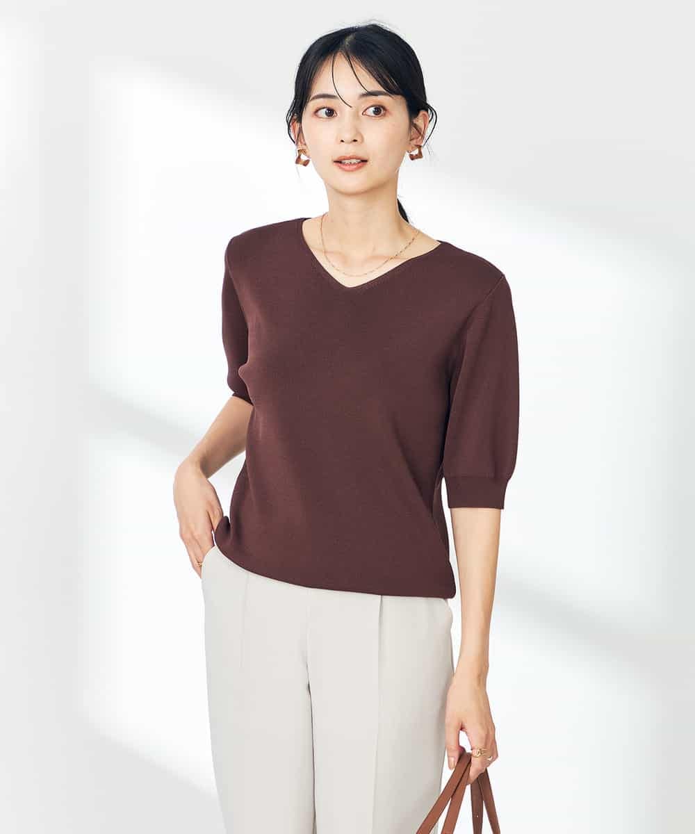 K2FHA79039 a.v.v(アー・ヴェ・ヴェ) 【接触冷感/UVカット】Vネックパフスリーブ美ラクるサマーニット【WEB限定】 ネイビー