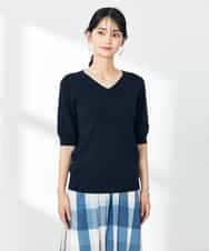 K2FHA79039 a.v.v(アー・ヴェ・ヴェ) 【接触冷感/UVカット】Vネックパフスリーブ美ラクるサマーニット【WEB限定】 ネイビー