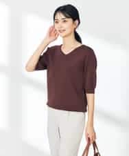 K2FHA79039 a.v.v(アー・ヴェ・ヴェ) 【接触冷感/UVカット】Vネックパフスリーブ美ラクるサマーニット【WEB限定】 ブラウン