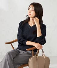 K2FKA49044 a.v.v(アー・ヴェ・ヴェ) 【洗える】ラメVネック美ラクるパフスリーブニット ライトブルー