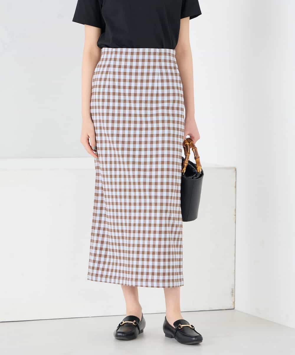 K2HFD15054 a.v.v(アー・ヴェ・ヴェ) 【洗濯機で洗える】ギンガムチェック柄ナロースカート ブラウン×ライトブルーギンガム