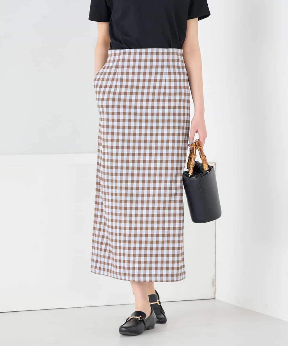 K2HFD15054 a.v.v(アー・ヴェ・ヴェ) 【洗濯機で洗える】ギンガムチェック柄ナロースカート ブラウン×ライトブルーギンガム