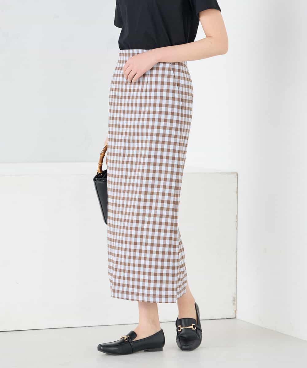 K2HFD15054 a.v.v(アー・ヴェ・ヴェ) 【洗濯機で洗える】ギンガムチェック柄ナロースカート ブラウン×ライトブルーギンガム