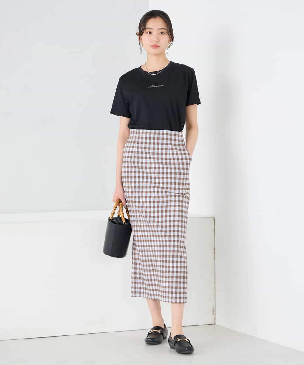 K2HFD15054 a.v.v(アー・ヴェ・ヴェ) 【洗濯機で洗える】ギンガムチェック柄ナロースカート ブラウン×ライトブルーギンガム