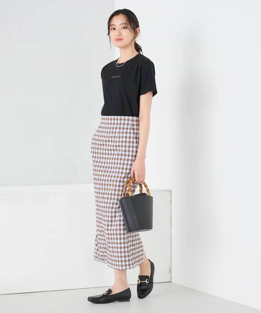 K2HFD15054 a.v.v(アー・ヴェ・ヴェ) 【洗濯機で洗える】ギンガムチェック柄ナロースカート ブラウン×ライトブルーギンガム