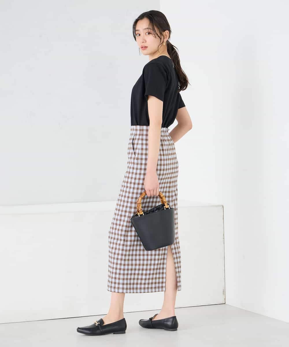 K2HFD15054 a.v.v(アー・ヴェ・ヴェ) 【洗濯機で洗える】ギンガムチェック柄ナロースカート ブラウン×ライトブルーギンガム