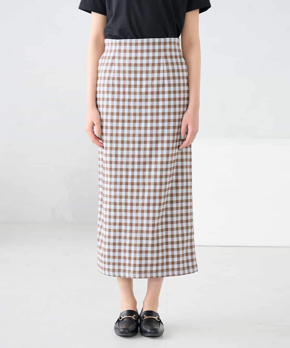 K2HFD15054 a.v.v(アー・ヴェ・ヴェ) 【洗濯機で洗える】ギンガムチェック柄ナロースカート ブラウン×ライトブルーギンガム