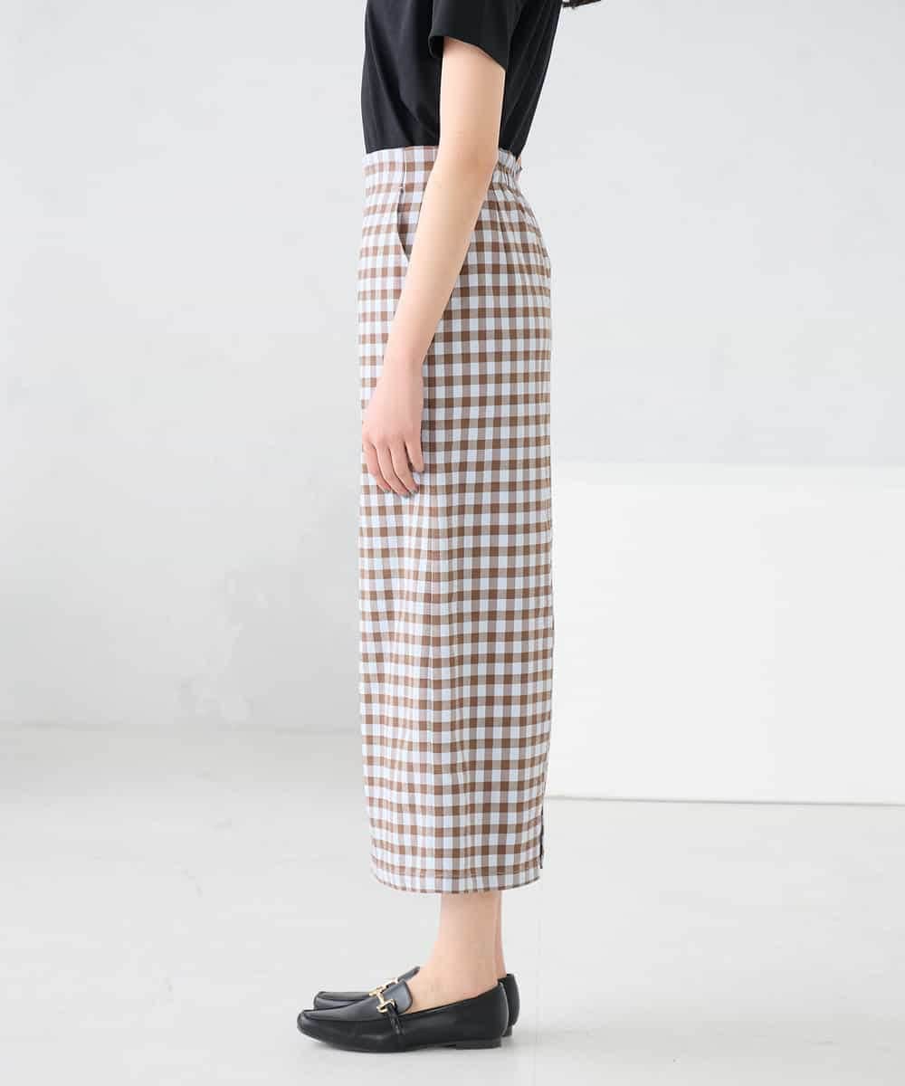 K2HFD15054 a.v.v(アー・ヴェ・ヴェ) 【洗濯機で洗える】ギンガムチェック柄ナロースカート ブラウン×ライトブルーギンガム