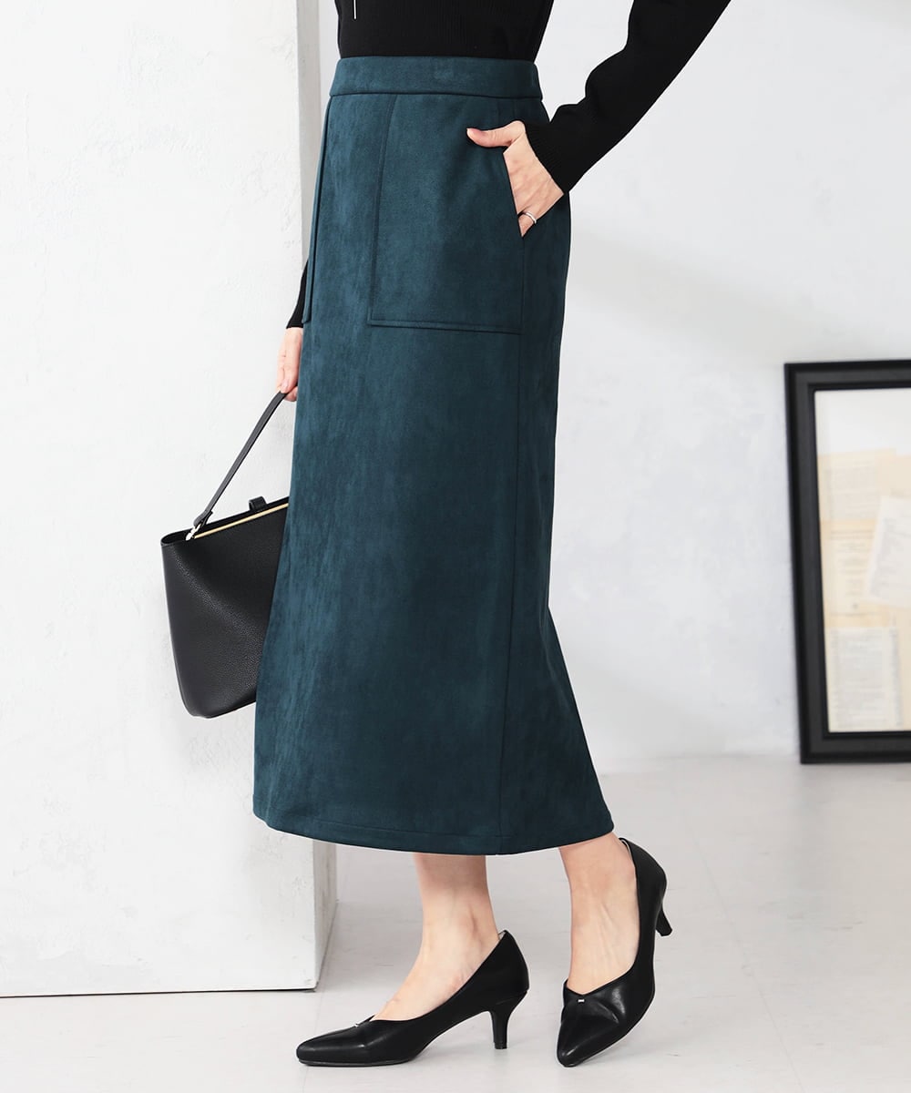 K2HKA07059 a.v.v(アー・ヴェ・ヴェ) 【ストレッチ/洗える】フェイクスエードナロースカート グリーン