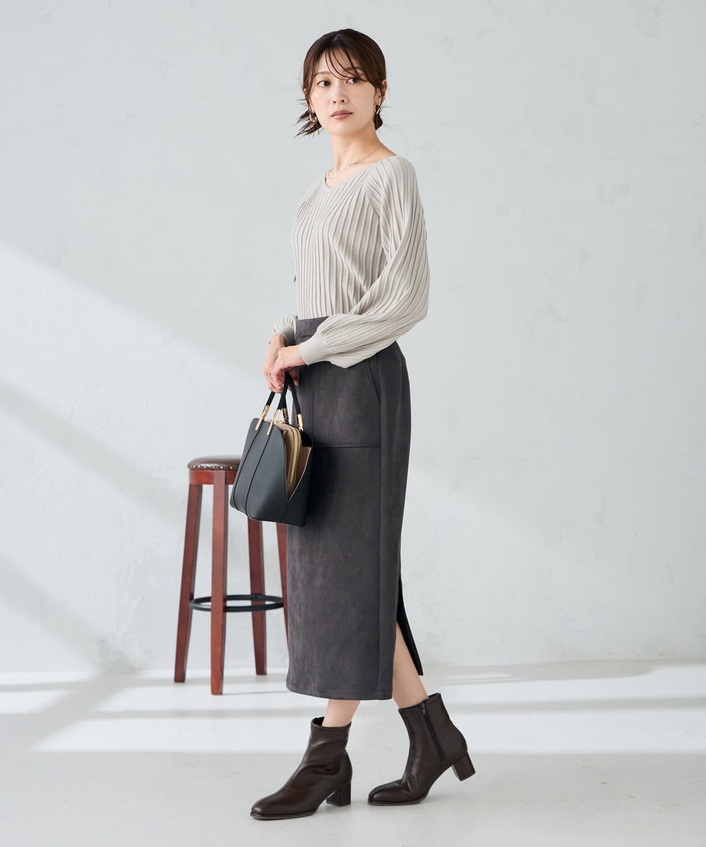 K2HKA07059 a.v.v(アー・ヴェ・ヴェ) 【ストレッチ/洗える】フェイクスエードナロースカート グリーン