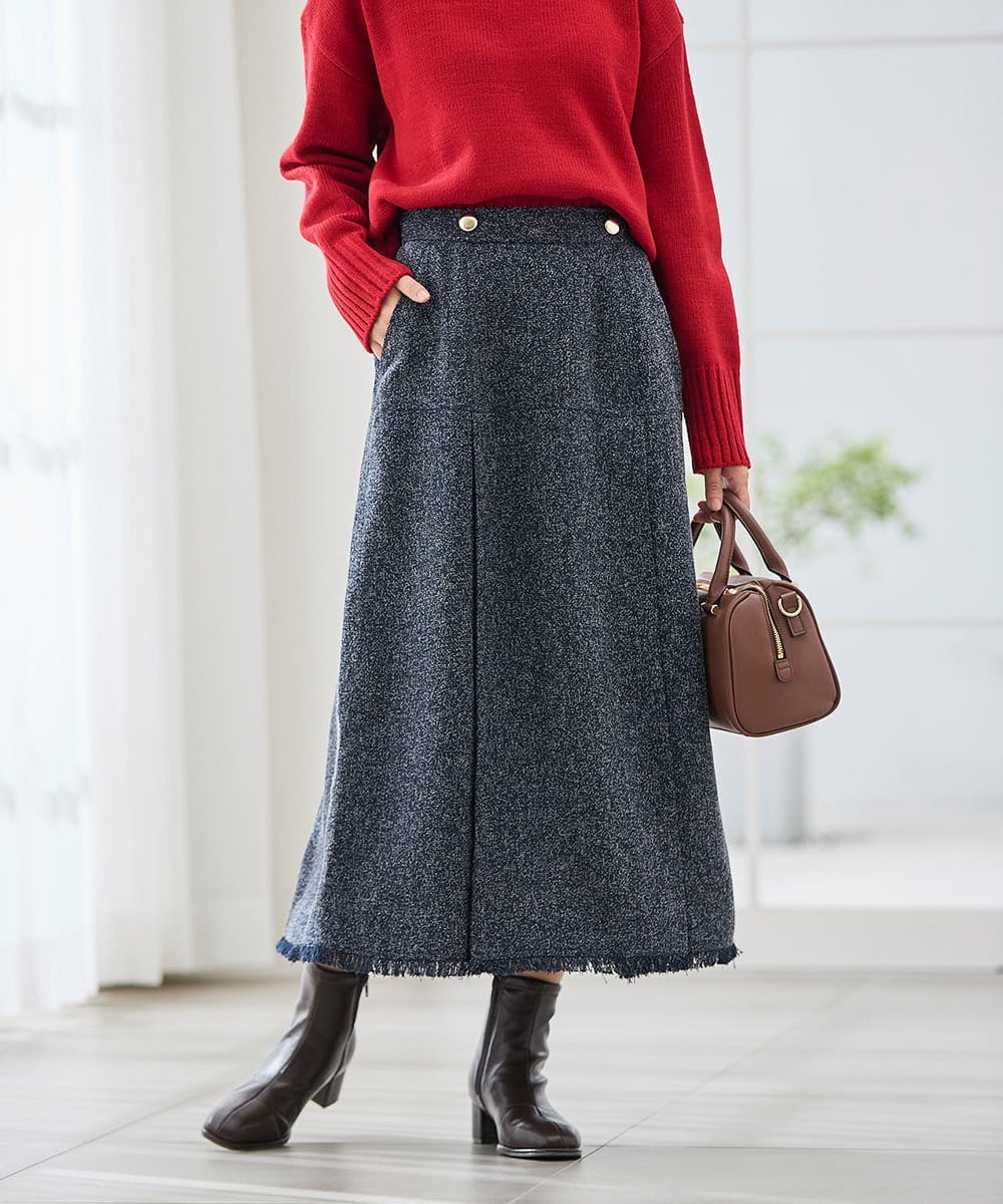 K2HKA13059 a.v.v(アー・ヴェ・ヴェ) ツイード調裾フリンジAラインスカート ネイビー