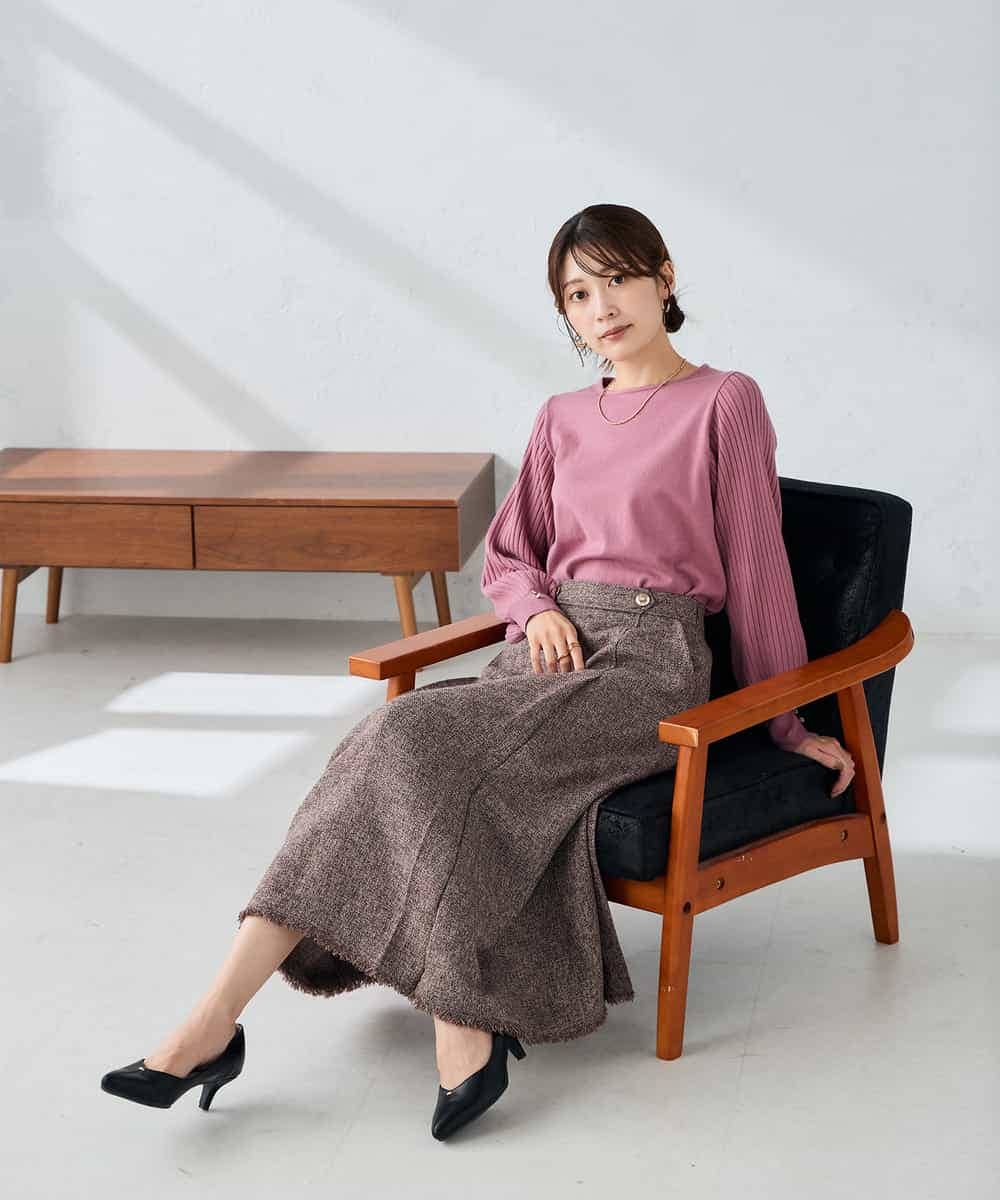 K2HKA13059 a.v.v(アー・ヴェ・ヴェ) ツイード調裾フリンジAラインスカート ネイビー