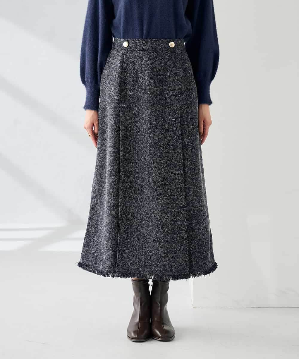 K2HKA13059 a.v.v(アー・ヴェ・ヴェ) ツイード調裾フリンジAラインスカート ネイビー