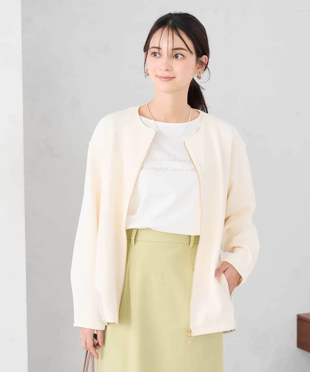 K2JDD08099 a.v.v(アー・ヴェ・ヴェ) 異素材切り替えノーカラーブルゾン アイボリー