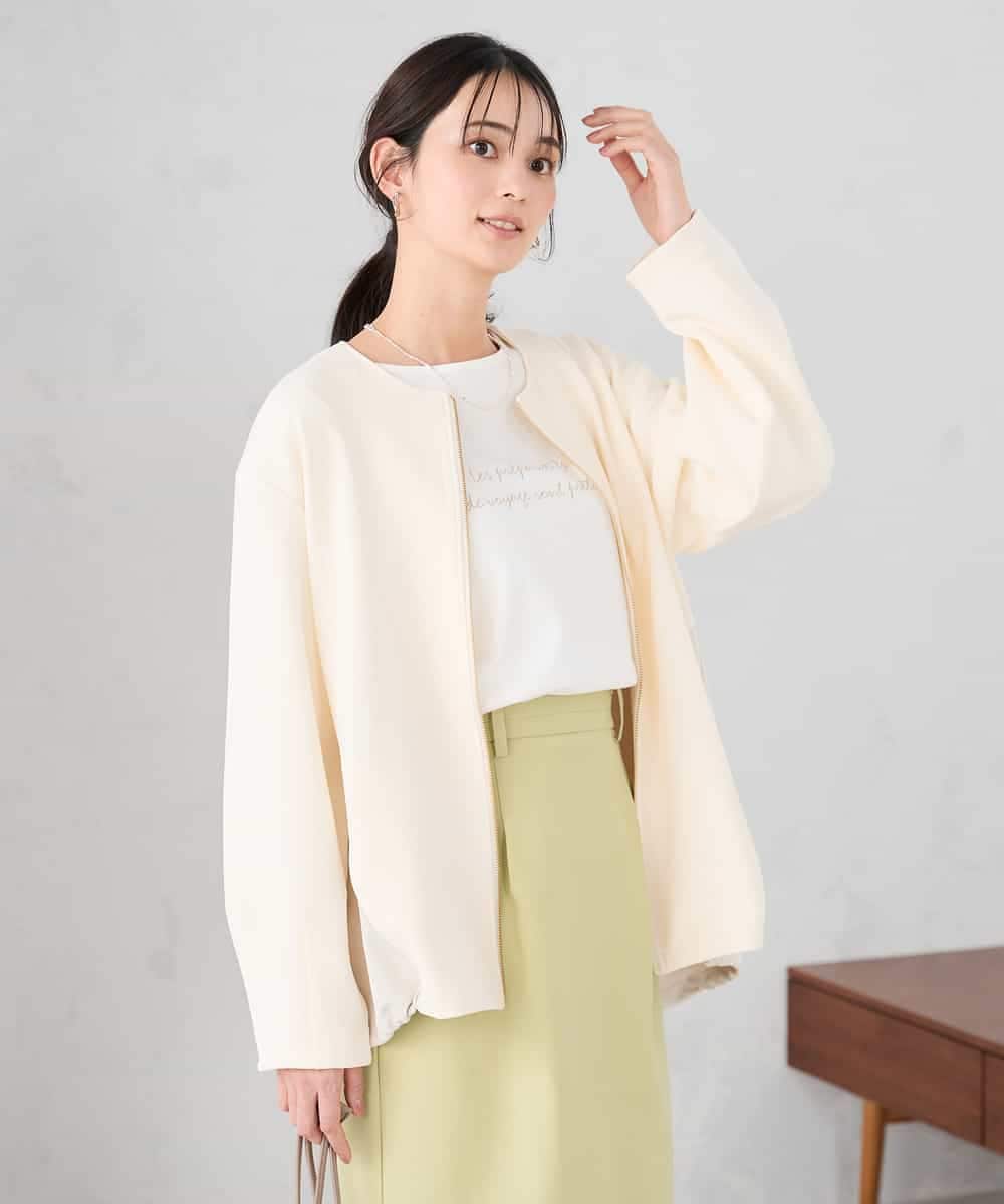 K2JDD08099 a.v.v(アー・ヴェ・ヴェ) 異素材切り替えノーカラーブルゾン アイボリー