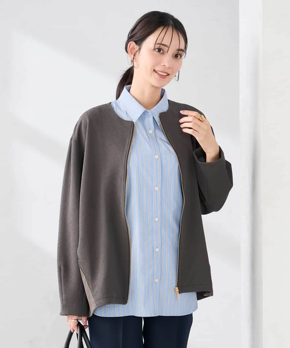 K2JDD08099 a.v.v(アー・ヴェ・ヴェ) 異素材切り替えノーカラーブルゾン アイボリー