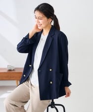 K2JGD05109 a.v.v(アー・ヴェ・ヴェ) 【接触冷感/UVカット】リネンライクダブルブレストジャケット【セットアップ対応/アンチピリング】 ネイビー