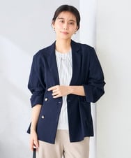 K2JGD05109 a.v.v(アー・ヴェ・ヴェ) 【接触冷感/UVカット】リネンライクダブルブレストジャケット【セットアップ対応/アンチピリング】 ネイビー