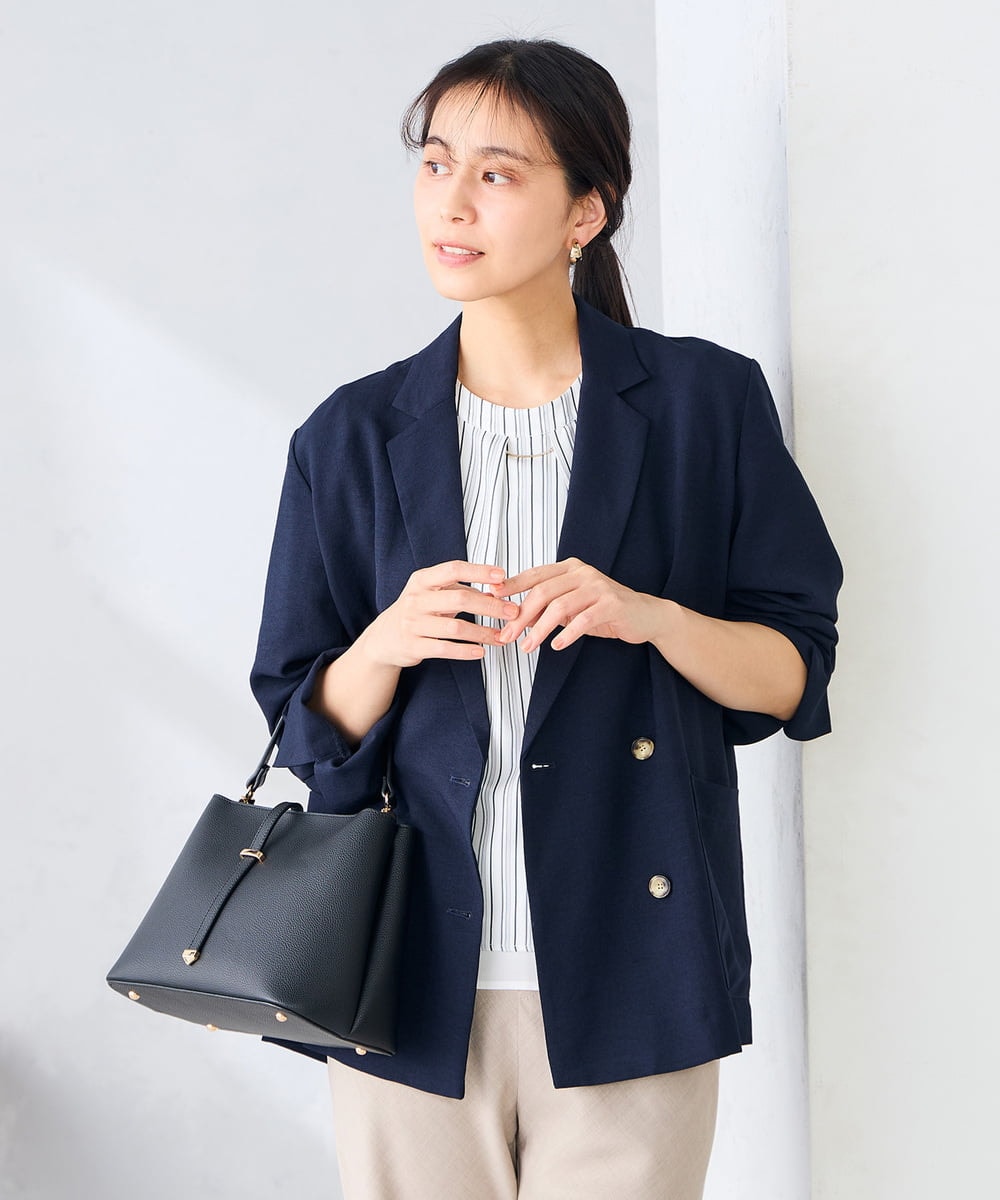 K2JGD05109 a.v.v(アー・ヴェ・ヴェ) 【接触冷感/UVカット】リネンライクダブルブレストジャケット【セットアップ対応/アンチピリング】 ネイビー