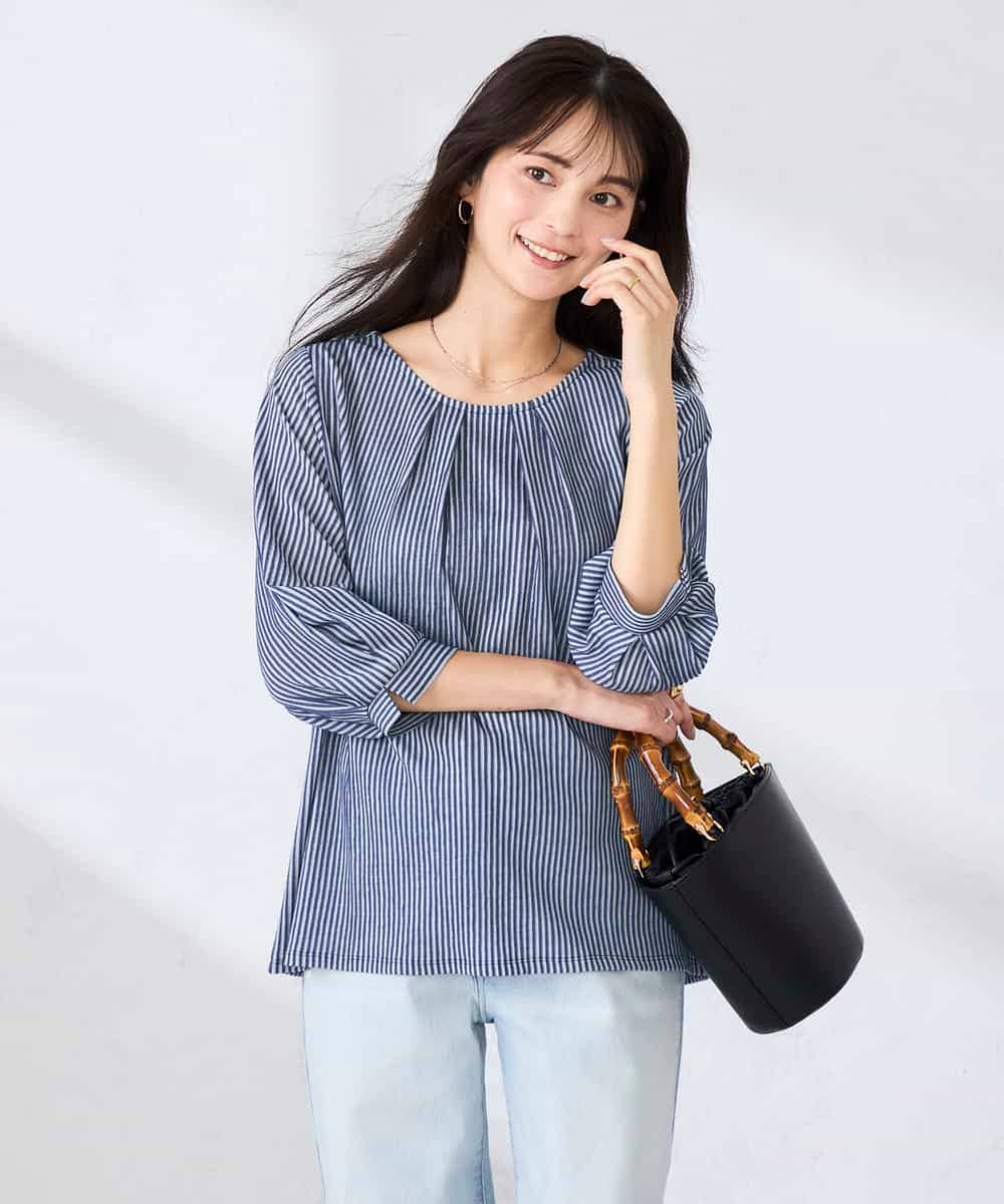 K2KFD21039 a.v.v(アー・ヴェ・ヴェ) タックスリーブストライプカットソー ネイビー