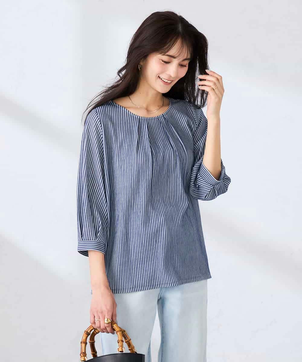 K2KFD21039 a.v.v(アー・ヴェ・ヴェ) タックスリーブストライプカットソー ネイビー
