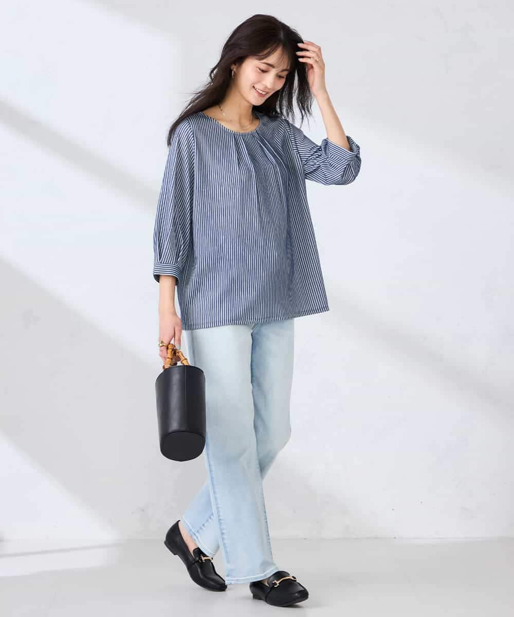 K2KFD21039 a.v.v(アー・ヴェ・ヴェ) タックスリーブストライプカットソー ネイビー