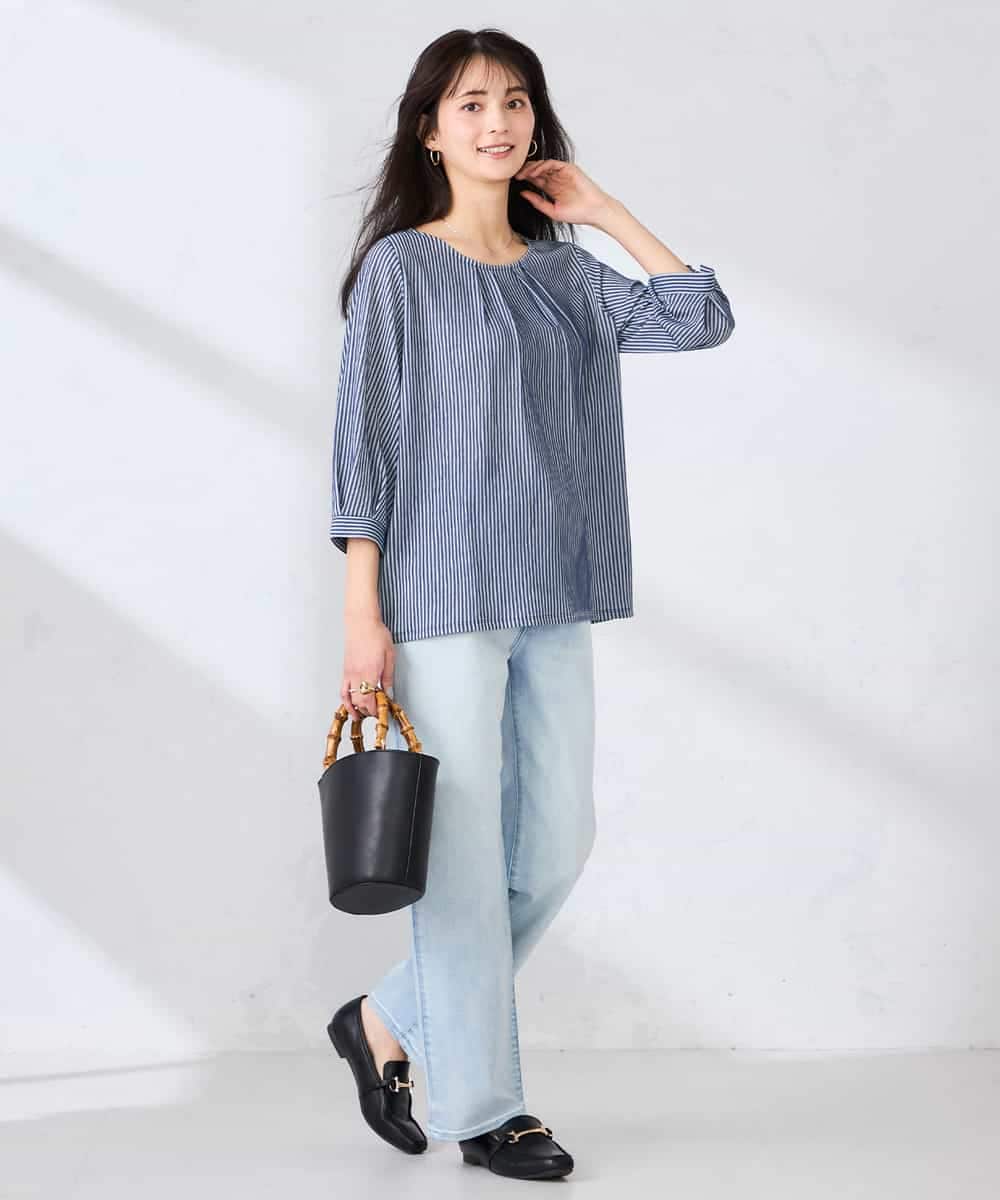 K2KFD21039 a.v.v(アー・ヴェ・ヴェ) タックスリーブストライプカットソー ネイビー