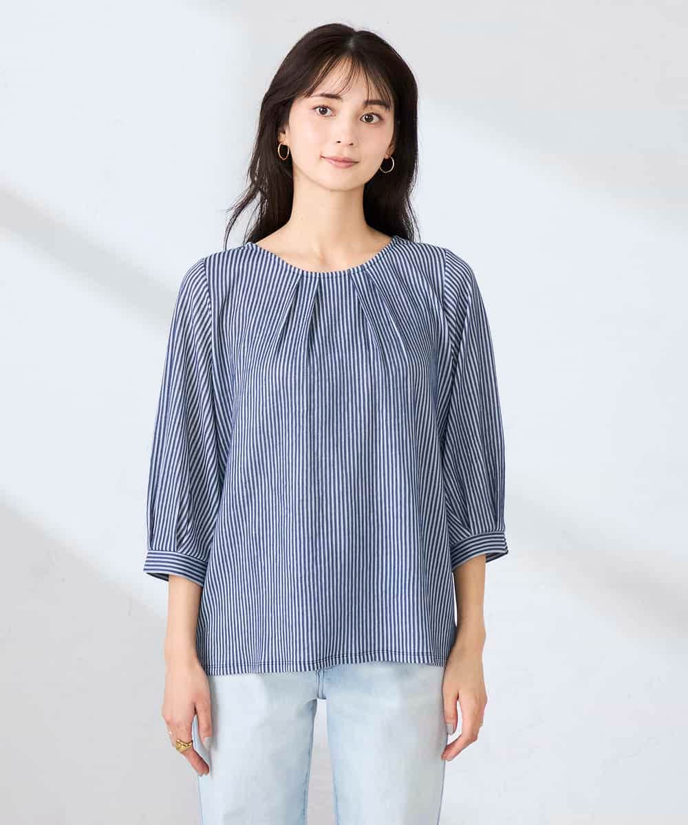 K2KFD21039 a.v.v(アー・ヴェ・ヴェ) タックスリーブストライプカットソー ネイビー
