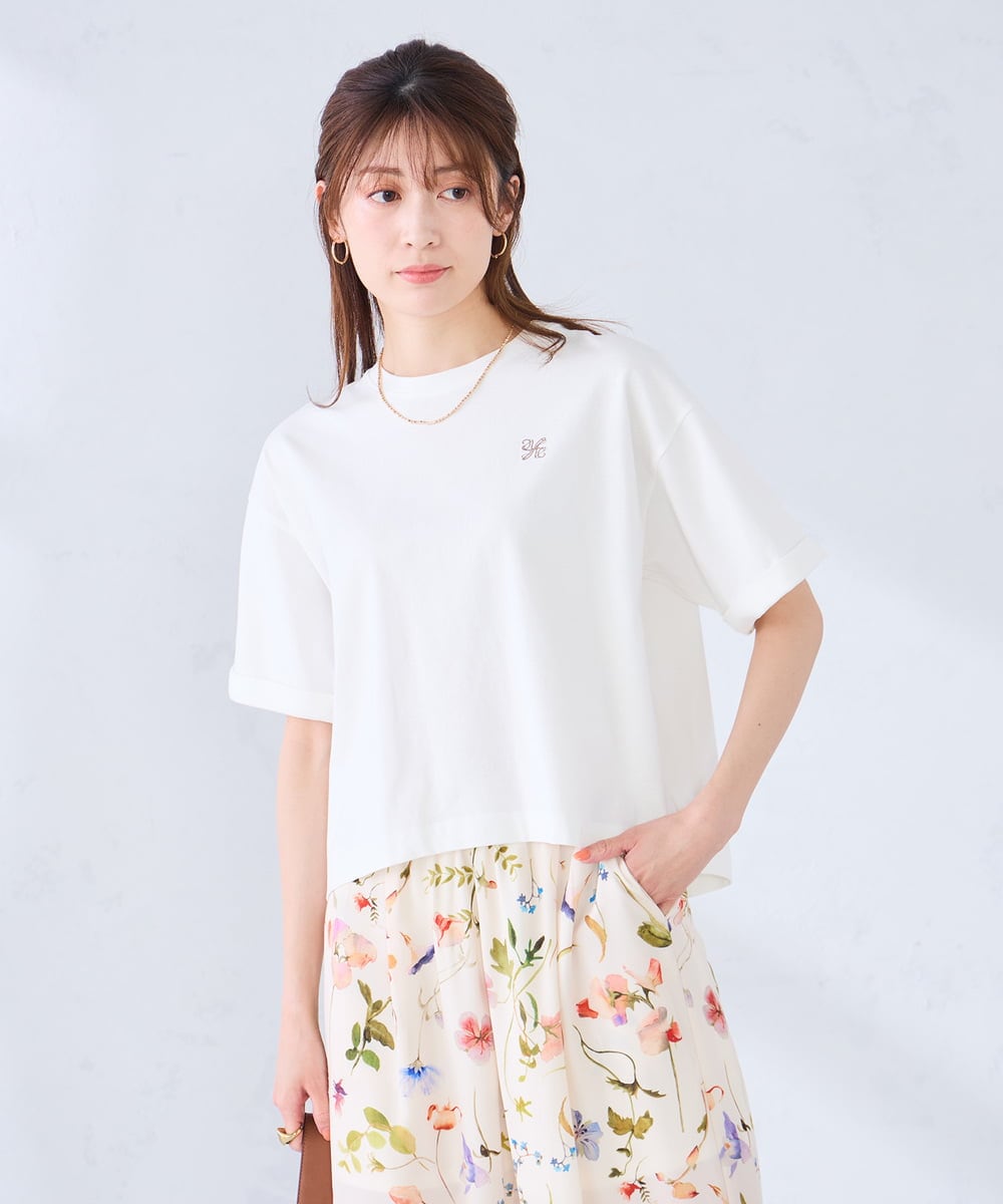 K2KGD25024 a.v.v(アー・ヴェ・ヴェ) 大人のクロップド刺繍Tシャツ【UVカット・接触冷感】 ホワイト