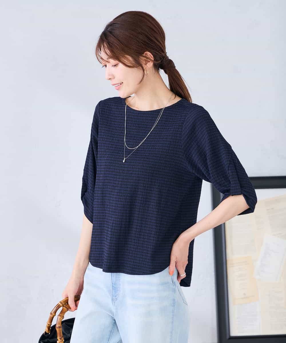 K2KGD30039 a.v.v(アー・ヴェ・ヴェ) ボーダー楊柳袖デザインカットソー ピンク