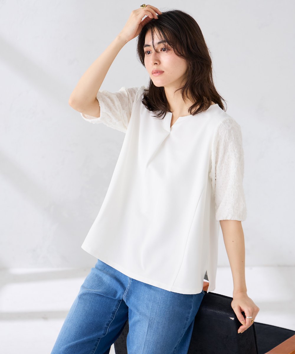 K2KGD32044 a.v.v(アー・ヴェ・ヴェ) レースジャガードスリーブトップス アイボリー