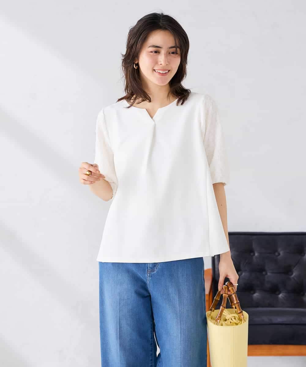 K2KGD32044 a.v.v(アー・ヴェ・ヴェ) レースジャガードスリーブトップス ネイビー