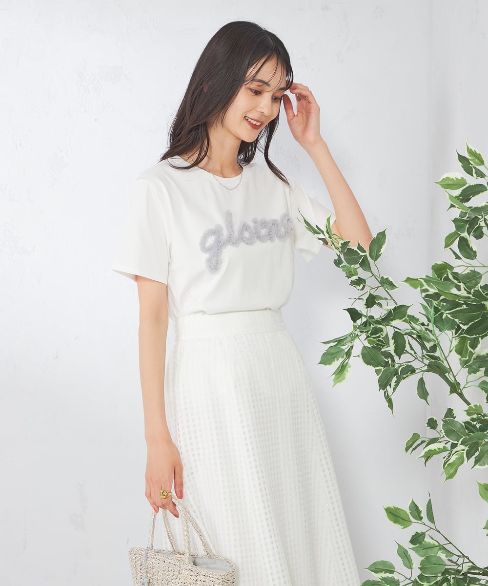 K2KHA59039 a.v.v(アー・ヴェ・ヴェ) 【コットン100%】チュールロゴ刺繍Tシャツ ホワイト