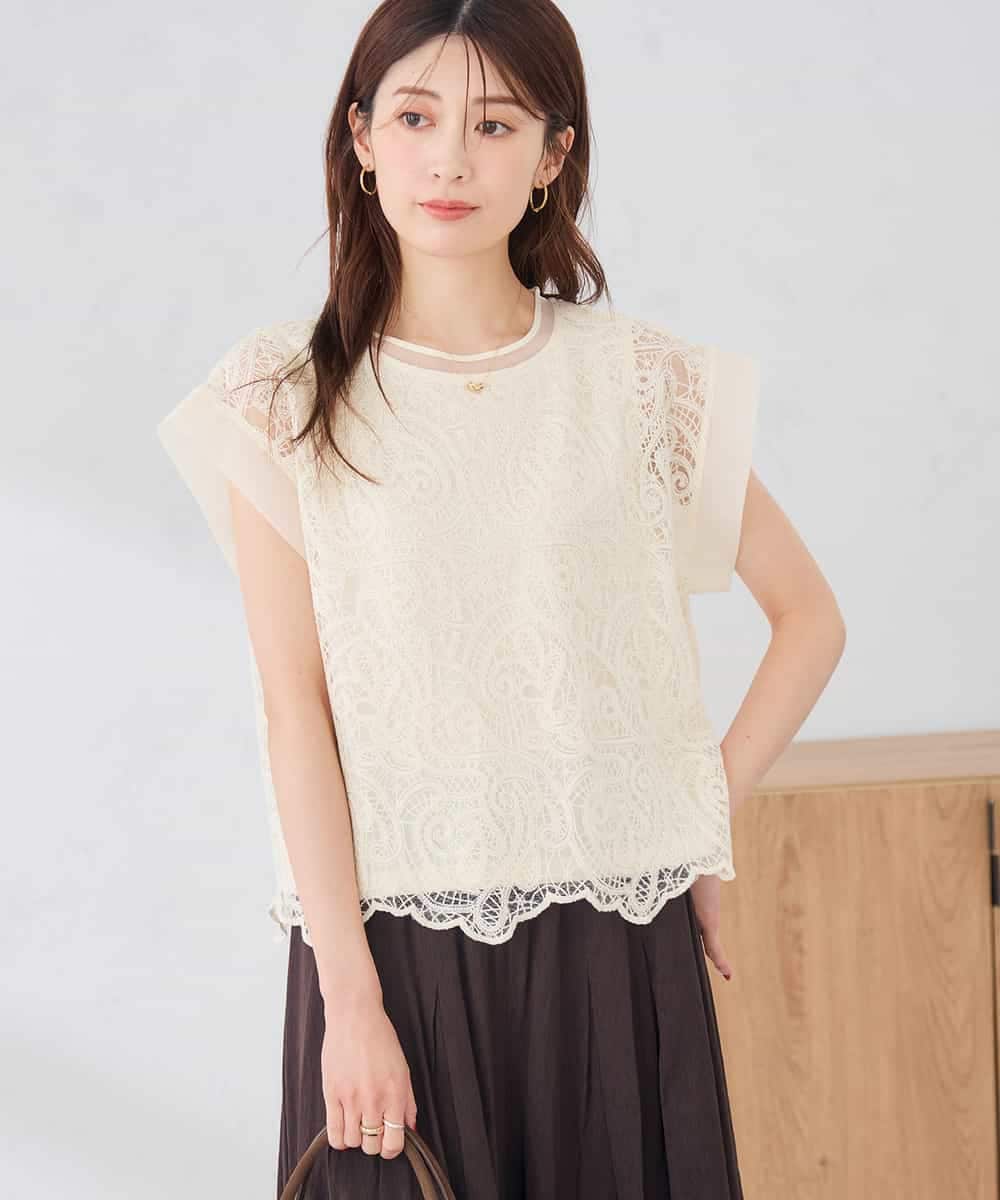 K2KID71049 a.v.v(アー・ヴェ・ヴェ) レース柄シアートップス アイボリー