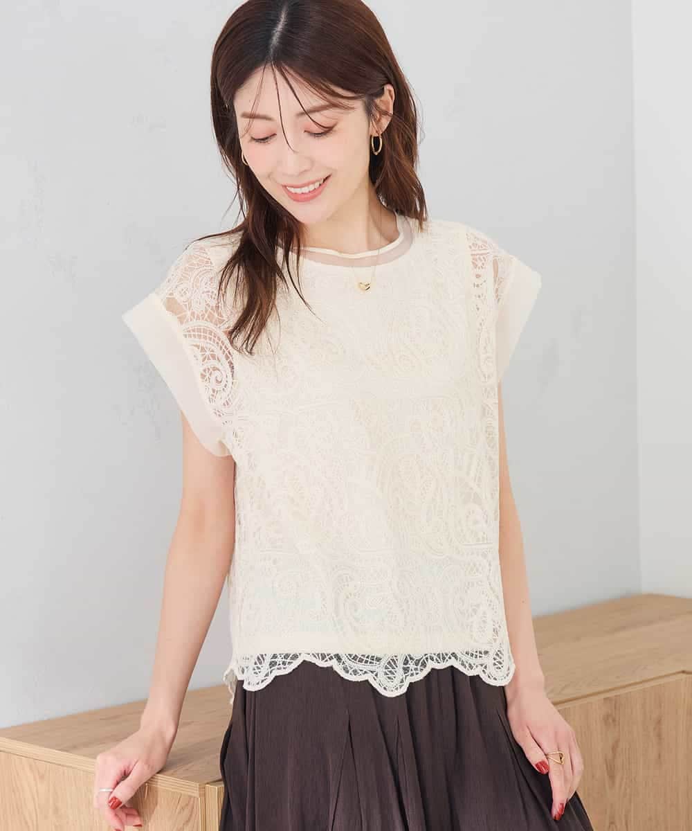K2KID71049 a.v.v(アー・ヴェ・ヴェ) レース柄シアートップス アイボリー