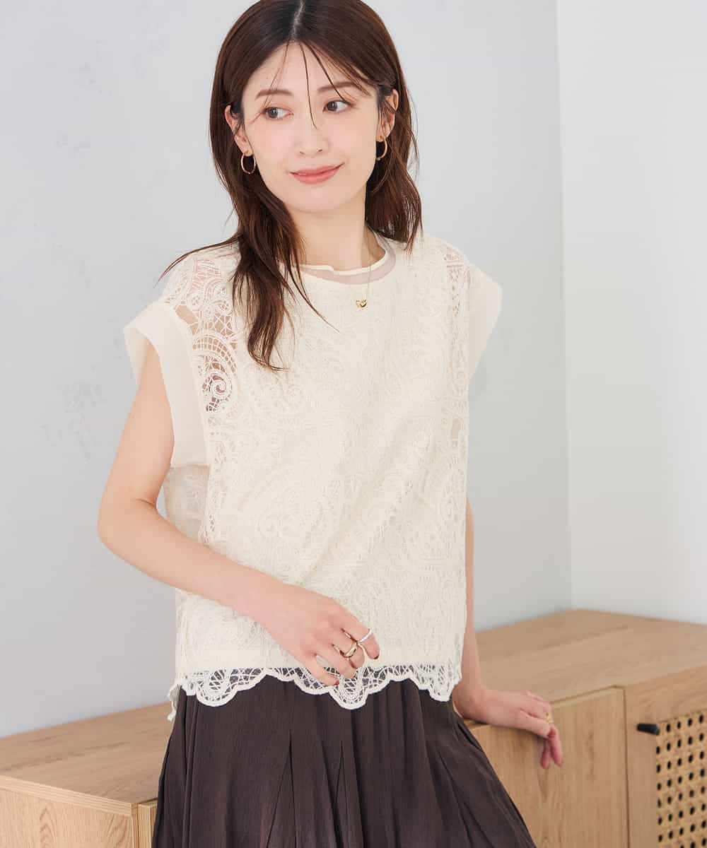 K2KID71049 a.v.v(アー・ヴェ・ヴェ) レース柄シアートップス アイボリー