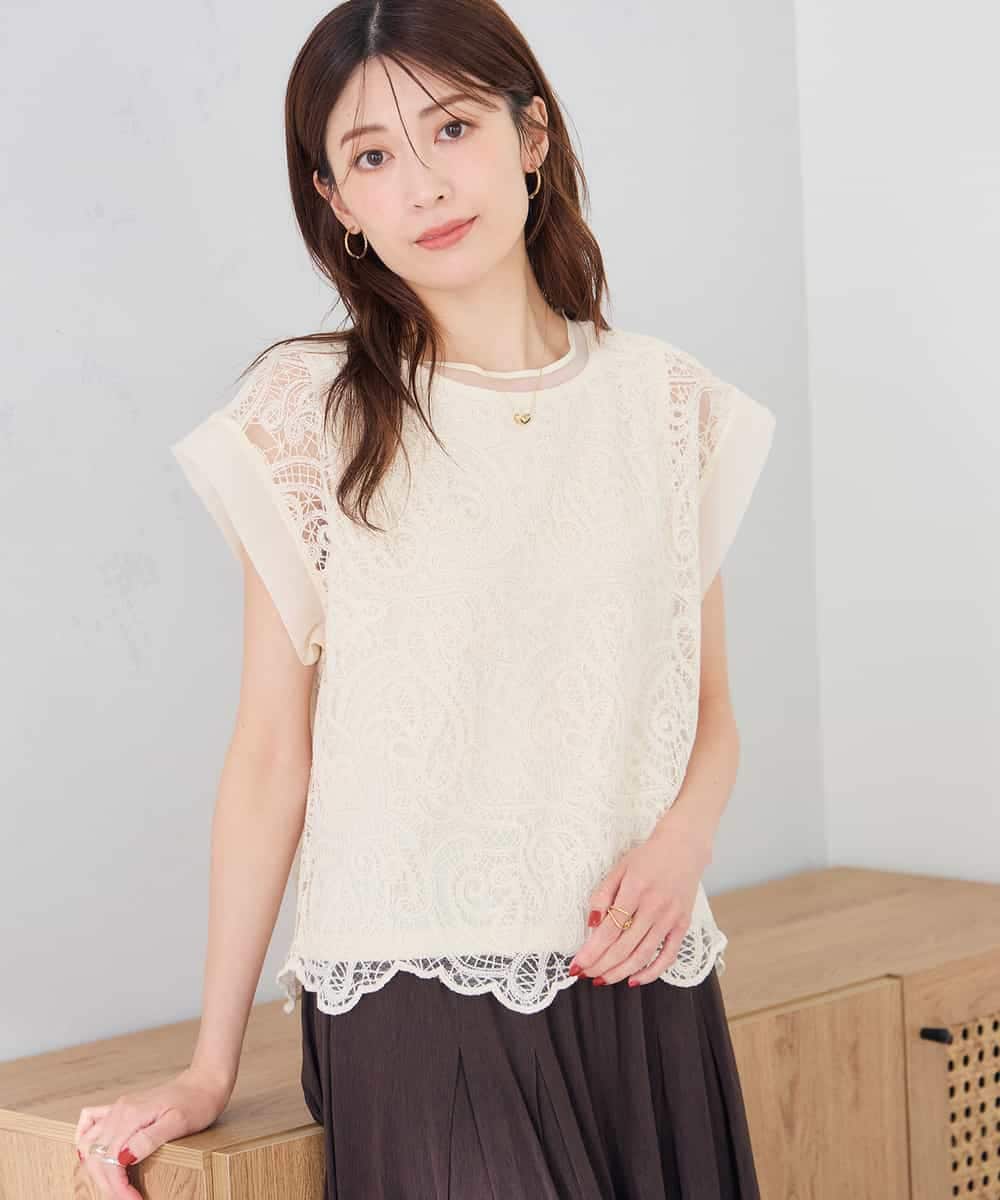 K2KID71049 a.v.v(アー・ヴェ・ヴェ) レース柄シアートップス アイボリー
