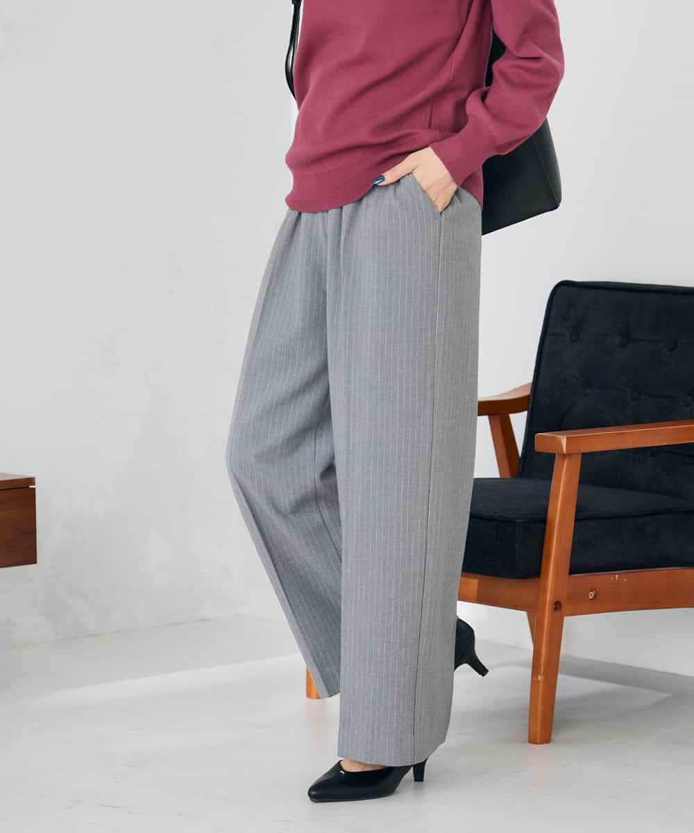 K2LAD17054 a.v.v(アー・ヴェ・ヴェ) 【イージーケア/洗える/ストレッチ】裏起毛美ラクるイージーストライプワイドパンツ ストライプ