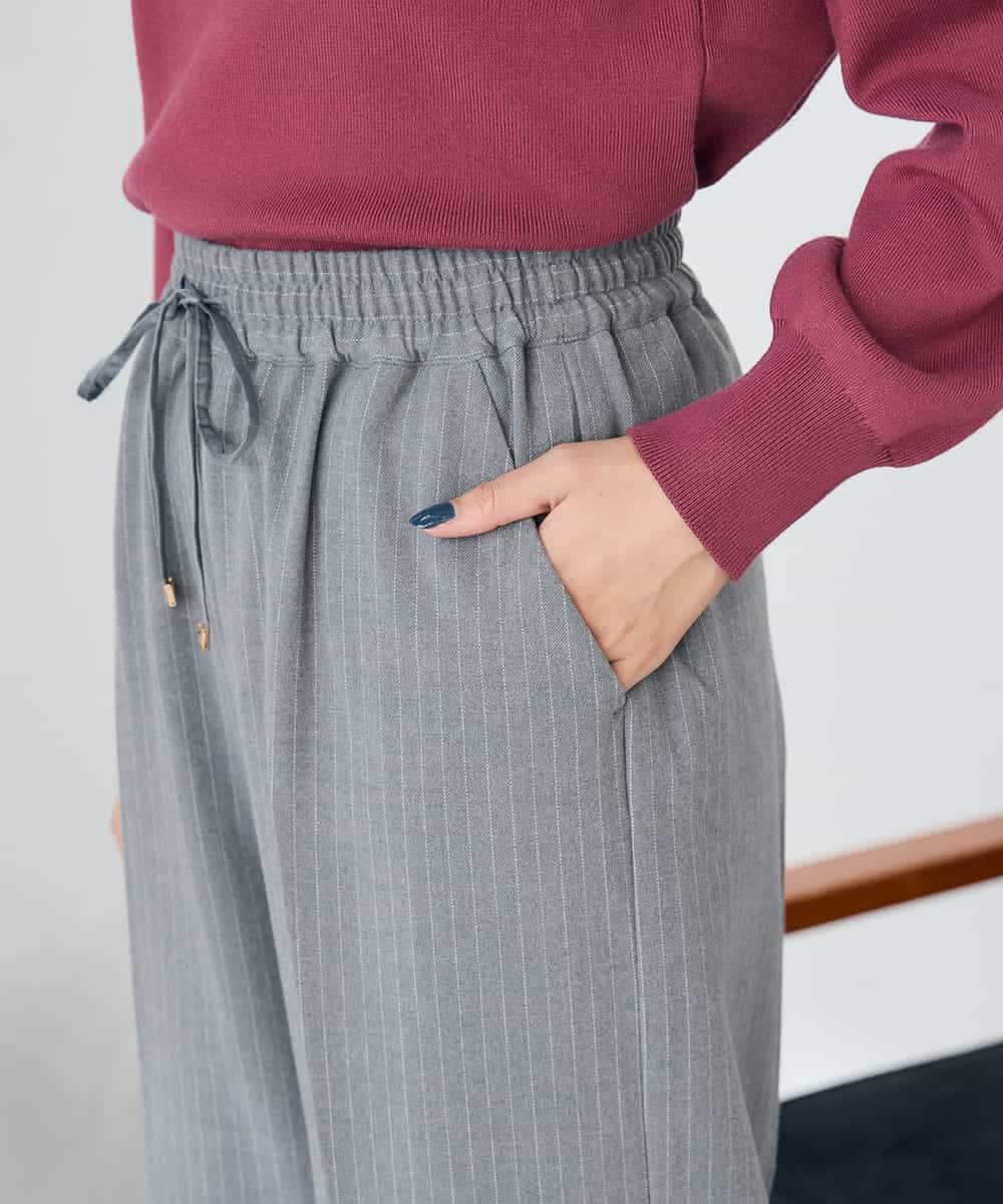 K2LAD17054 a.v.v(アー・ヴェ・ヴェ) 【イージーケア/洗える/ストレッチ】裏起毛美ラクるイージーストライプワイドパンツ ストライプ