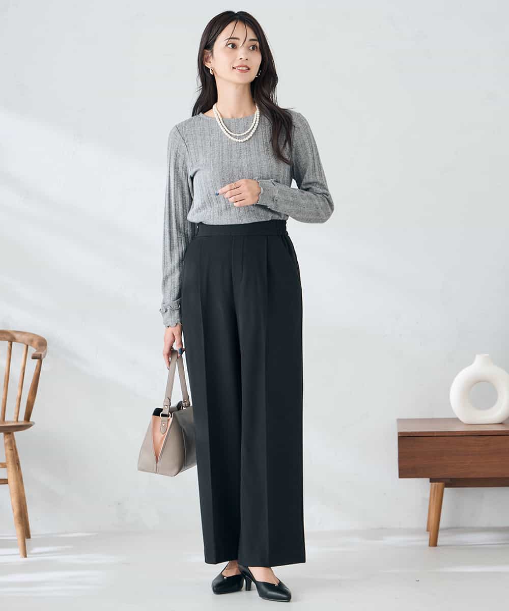 K2LAD22049 a.v.v(アー・ヴェ・ヴェ) 【イージーケア/洗える/ストレッチ/雑誌InRed(宝島社)12月号掲載】裏起毛美ラクるスッキリ見えワイドパンツ ブラック