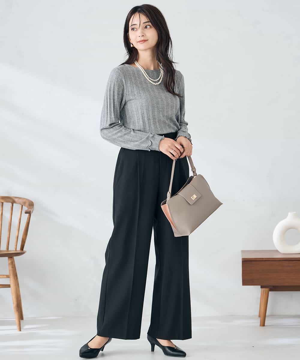 K2LAD22049 a.v.v(アー・ヴェ・ヴェ) 【イージーケア/洗える/ストレッチ/雑誌InRed(宝島社)12月号掲載】裏起毛美ラクるスッキリ見えワイドパンツ ブラック