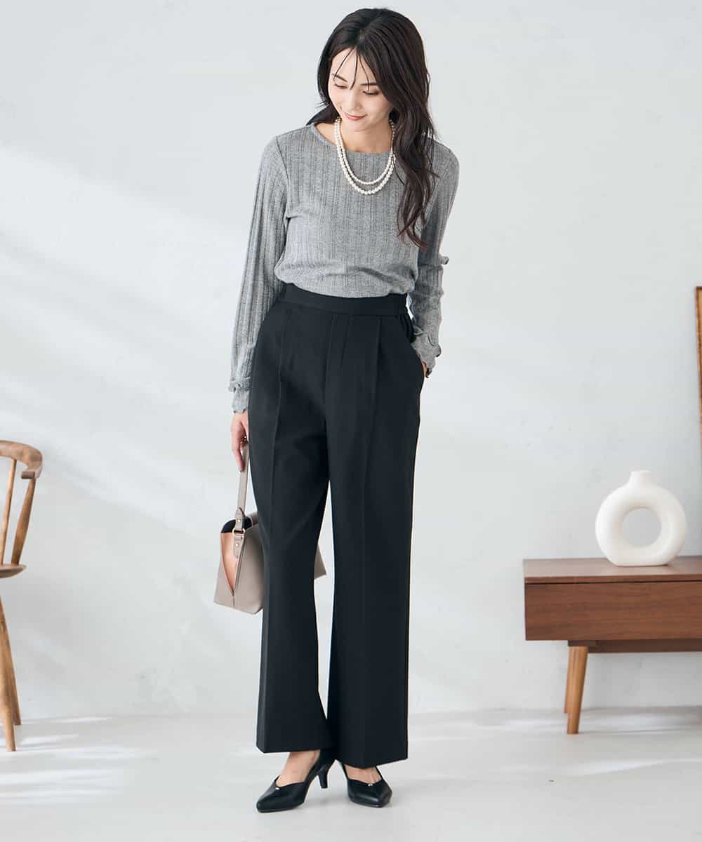 K2LAD22049 a.v.v(アー・ヴェ・ヴェ) 【イージーケア/洗える/ストレッチ/雑誌InRed(宝島社)12月号掲載】裏起毛美ラクるスッキリ見えワイドパンツ ブラック